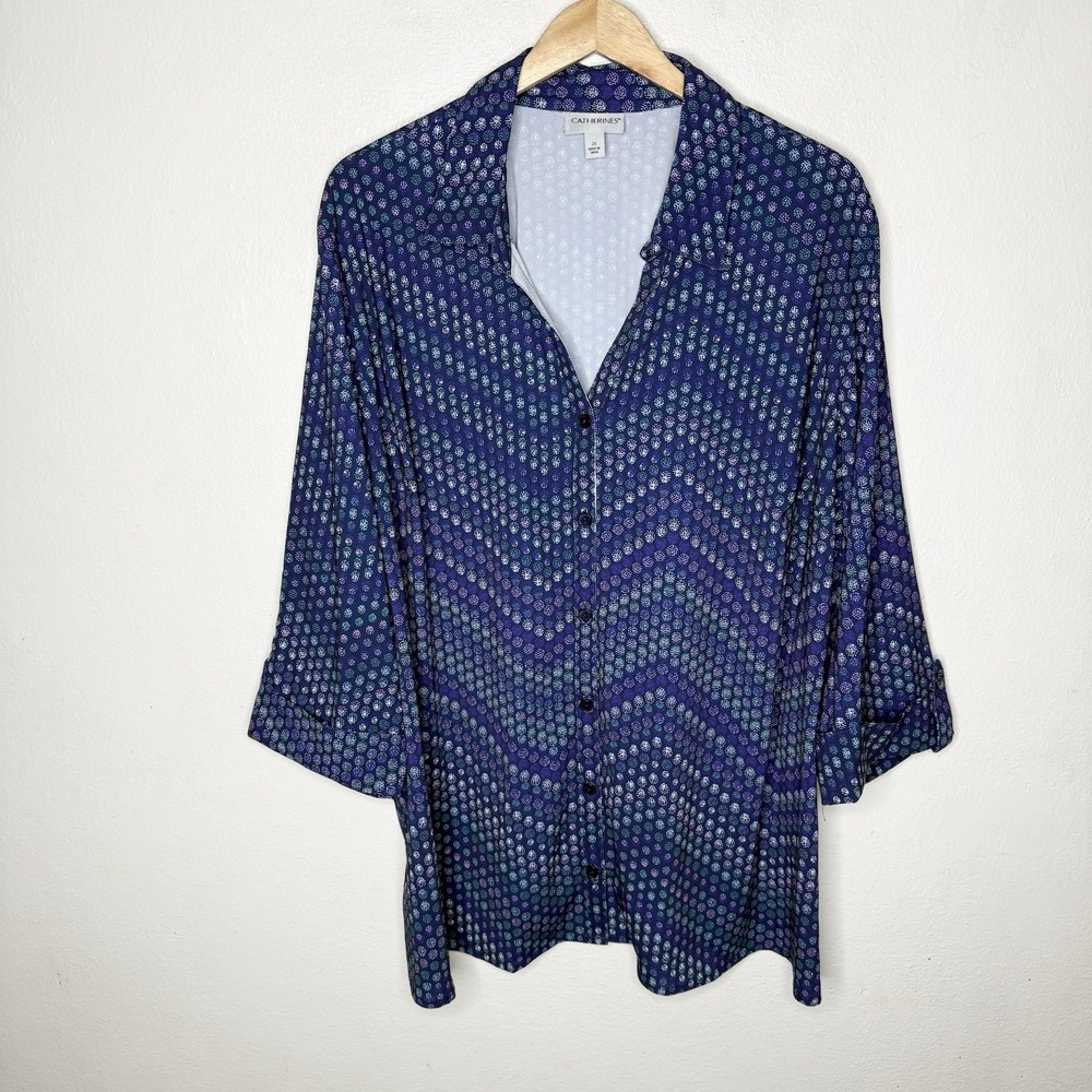 Catherines The Timeless Blouse Navy Dotted Chevron Top Womens 2X Button Up Shirt